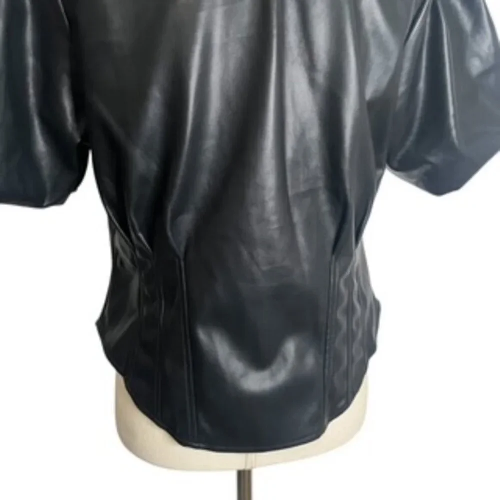 NEW Bagatelle Fitted Top Women’s Size Large Faux Leather‎ Puff Sleeves Button Up